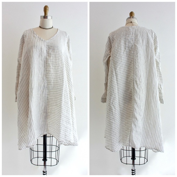 CP Shades Striped 100% Linen Asymmetrical Hem Dress Size Medium White Tan - Picture 6 of 10